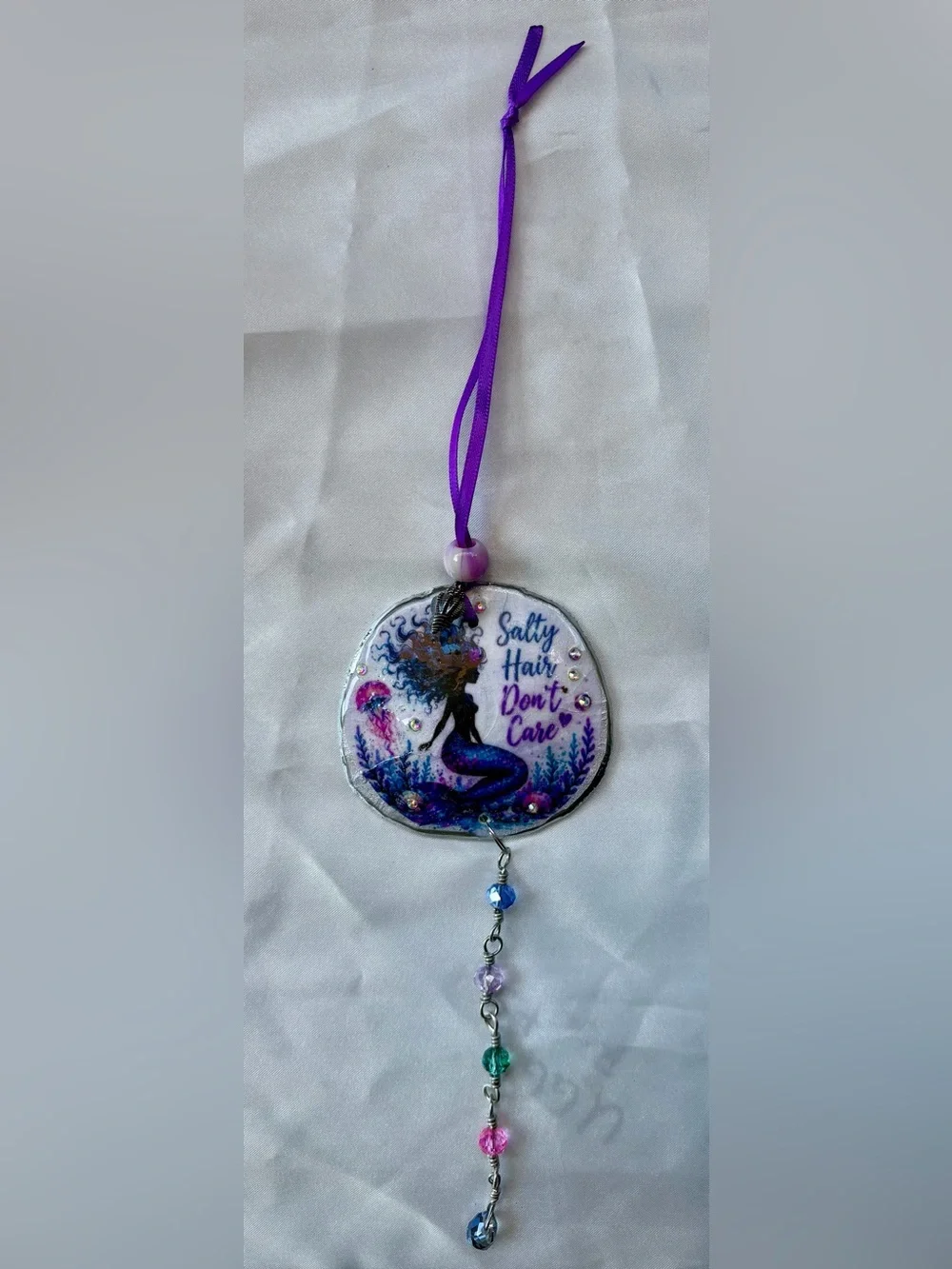 Decoupage Mermaid 'Salty Hair Don't Care' Purple Crystal Sand Dollar Suncatcher